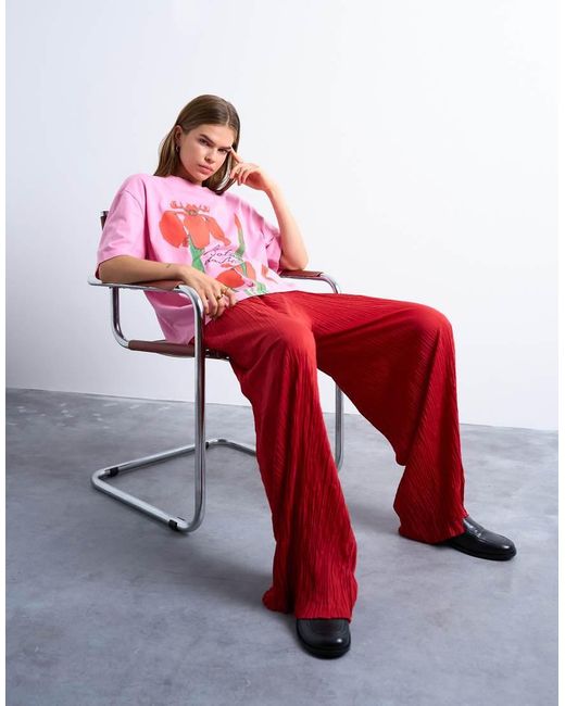 TOPSHOP Red Crinkle Wide Leg Trousers