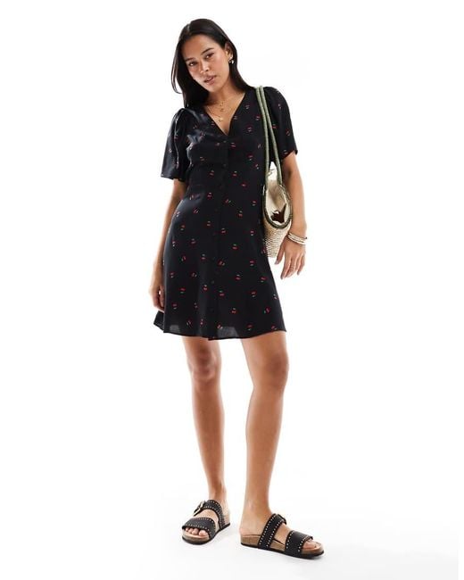 Vero Moda Black Button Through Mini Skater Dress With Cherry Print