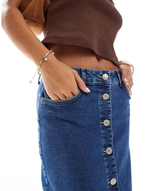 Vero Moda Blue Button Front Midi Denim Skirt