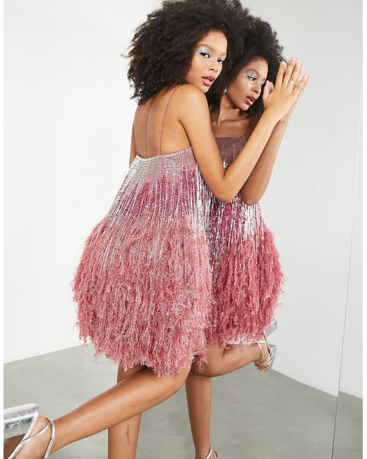 ASOS Pink Beaded Fringe Cami Mini Dress With Faux Feather Hem