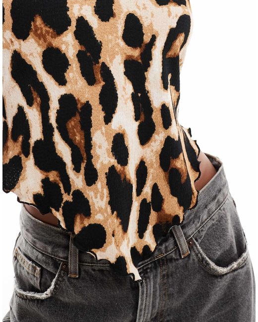 ASOS Metallic Leopard Crinkle Print Halter Top With Lettuce Hem