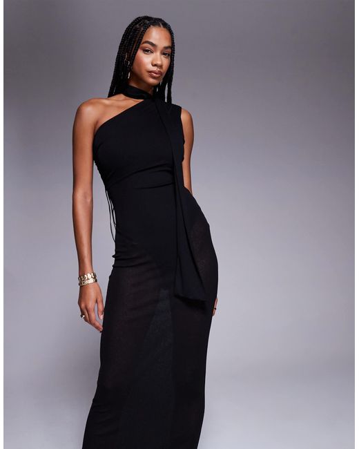 Kaiia Blue Exclusive One Shoulder Mesh Scarf Detail Sheer Maxi Dress