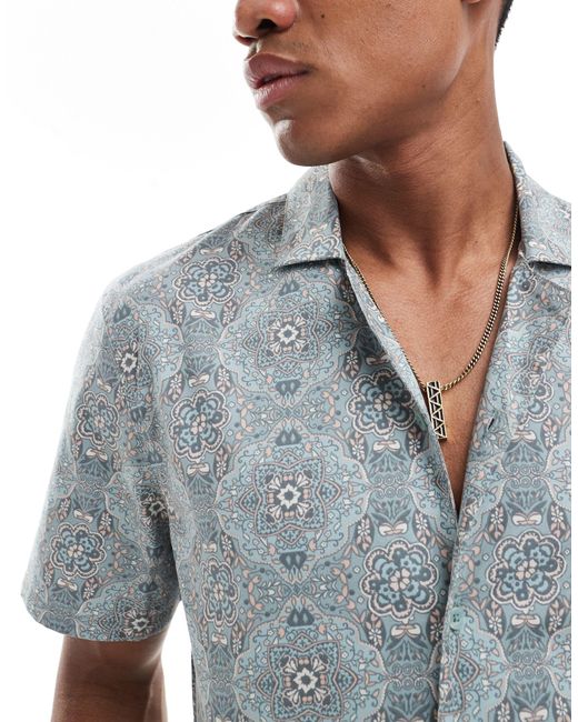 Hollister Blue Short Sleeve Revere Collar Geometric Print Poplin Shirt Boxy Fit for men