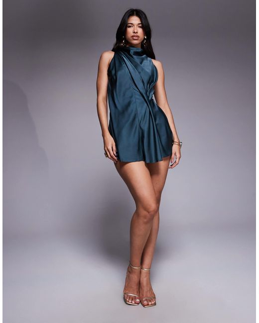 ASOS Blue – hochgeschlossener, drapierter satin-playsuit