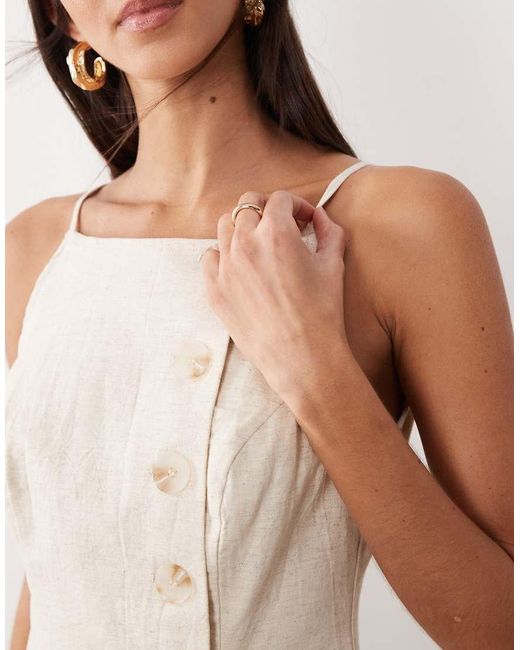 SNDY'S Natural Linen & Cotton Blend Square Neck Button Detail Ruffle Hem Mini Dress