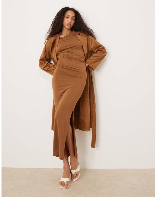 Vestido Midi Estilo Blusón Con Hombros Caídos De Modal De ASOS de color Brown