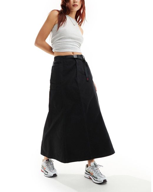 Gramicci Black Cotton A Line Panelled Cargo Maxi Skirt