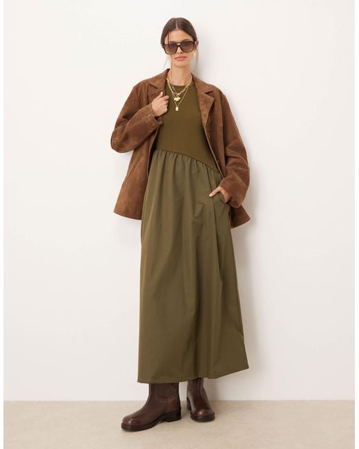 Threadbare Green Long Sleeve Midi Dress With Poplin Skirt