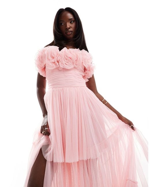 LACE & BEADS Pink Corsage Tulle Maxi Dress