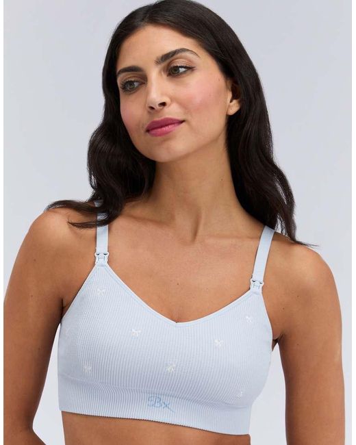 Boux Avenue Blue Nursing Bralette Ribbed Bow Embroidered Maternity Underwear