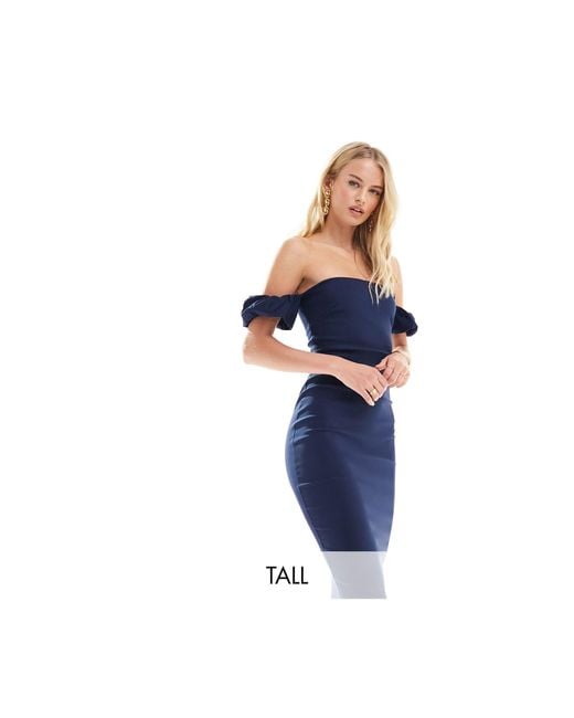 Vesper Blue Bardot Frill Sleeve Midi Dress