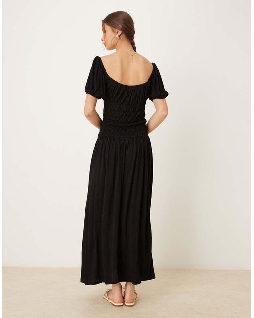 ASOS Black Crinkle Shirred Waist Milkmaid Puff Sleeve Midi Tea Dress