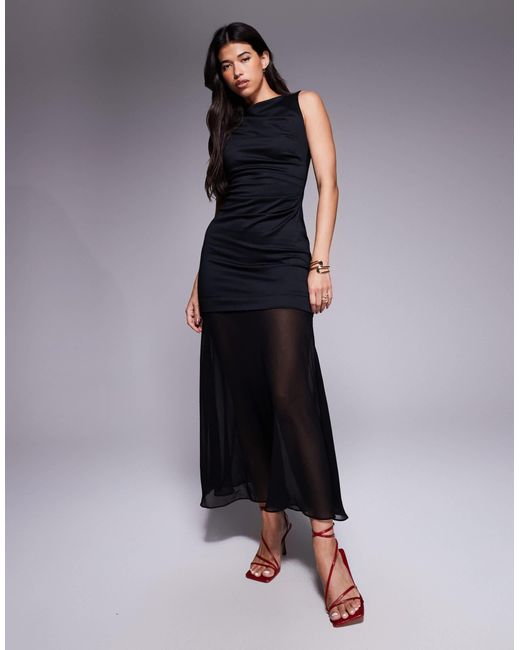 ASOS Blue High Neck Slash Draped Midi Dress With Chiffon Skirt