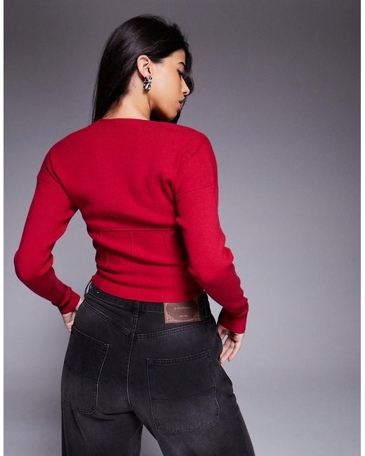 GOOD AMERICAN Red Knit V Neck Zip Front Cardigan