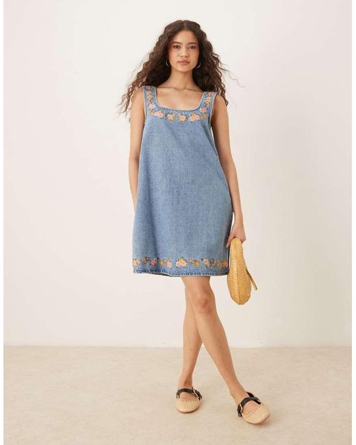 ASOS Blue Denim Square Neck Mini Dress With Embroidery