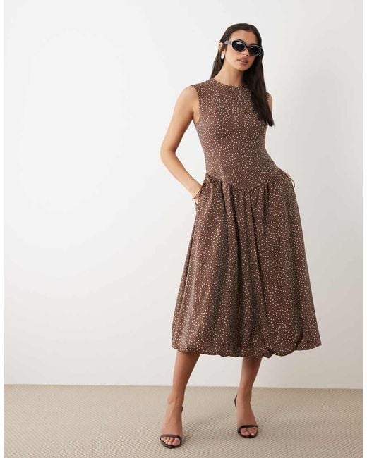Y.A.S Brown Fitted Seam Detail Drop Waist Sleeveless Midi Dress