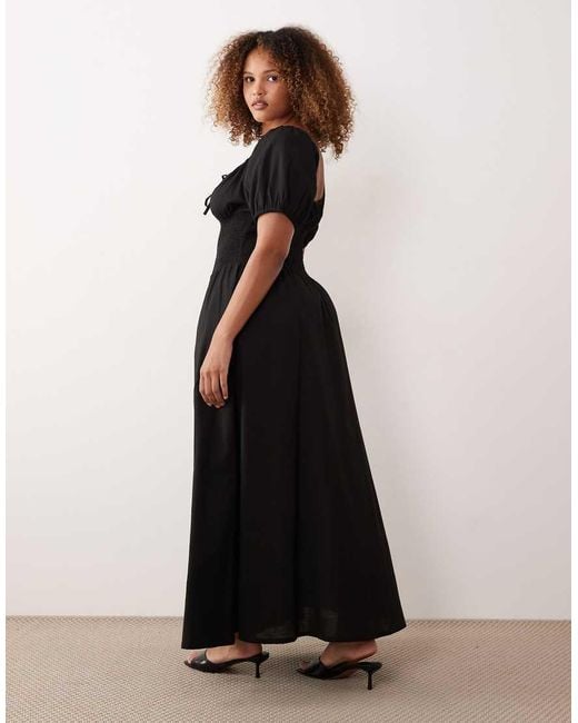 Esmee Curve Black Puff Sleeve Tie Front Maxi Beach Dress