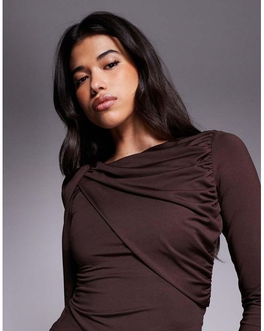 ASOS Brown Slinky Drape Detail Long Sleeve Top