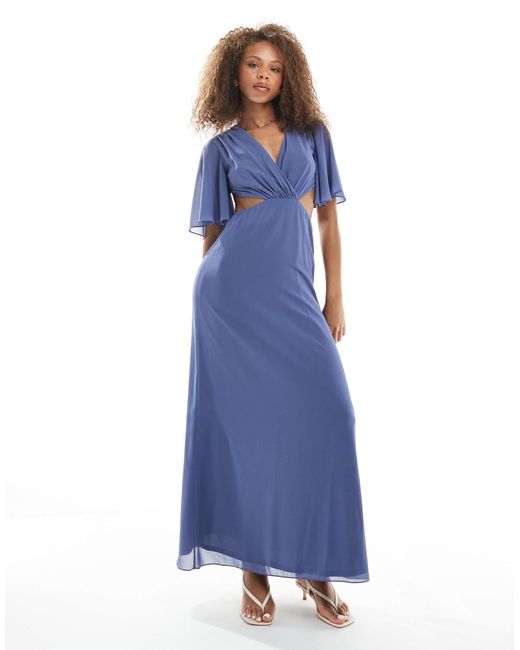TFNC London Blue Bridesmaids Flare Sleeve Cut-out Maxi Dress With Bow Back