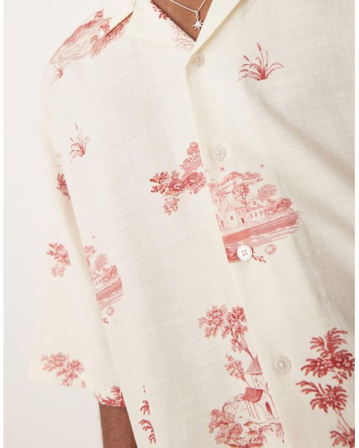 ASOS Natural Oversized Revere Shirt With Scenic Print for men