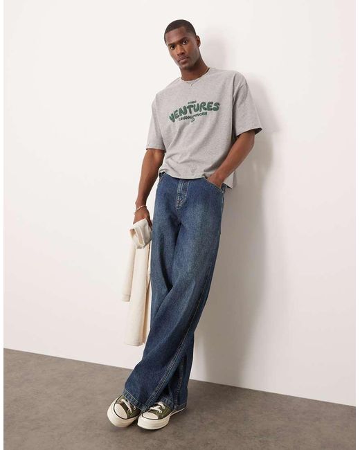 Camiseta Gris Jaspeado De Corte Cuadrado Extragrande Con Estampado Gráfico De Texto De ASOS de hombre de color Brown