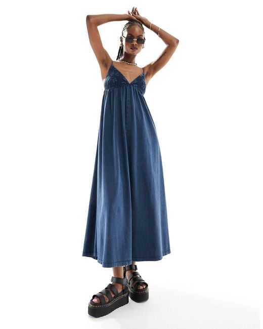 ASOS Blue Strappy V Neck Crochet Maxi Skater Dress