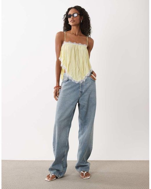 ASOS Blue Crinkle Floaty Cami With Lace Trim