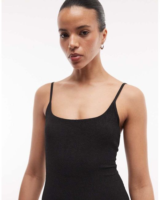 Monki Black Crinkle Scoop Neck High Leg Swimsuit