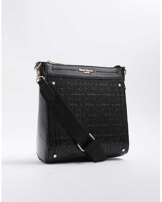 River Island Black Patent Monogram Messenger Bag