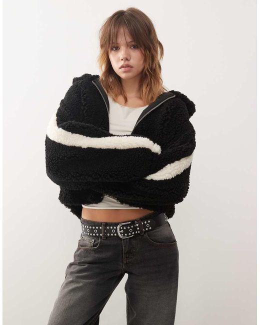 Monki Black Zip Through Teddy Hooded Jacket