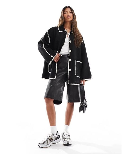 In The Style Black Longline Contrast Stitch Jacket