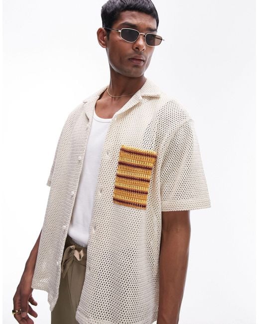 Topman White Short Sleeve Crochet Pocket Shirt for men