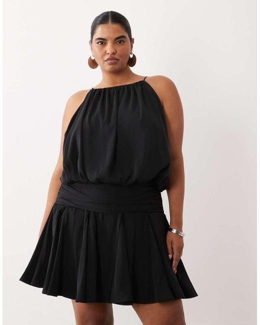 ASOS Black Asos Design Curve Satin High Neck Drop Waist Flippy Mini Dress