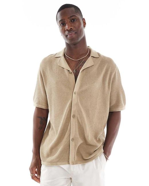 Jack & Jones Natural Oversized Button Through Knitted Polo for men