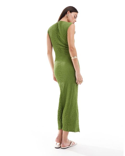 Mango Green Cap Sleeve Texture Midi Dress