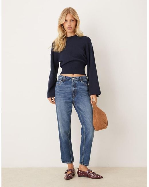 Gina Tricot Blue Crew Neck Wide Sleeve Fitted Knitted Jumper