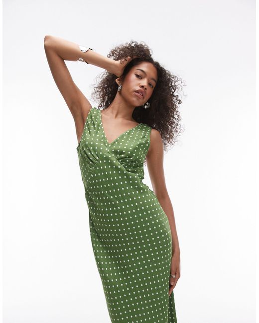 TOPSHOP Green V Neck Midi Length Slip Dress