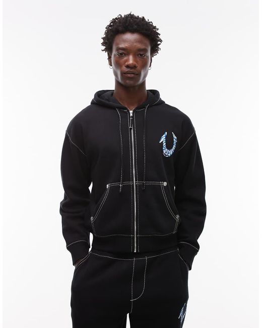 True Religion Black Logo Back Detail Zip Through Sweat Hoodie Co-Ord for men