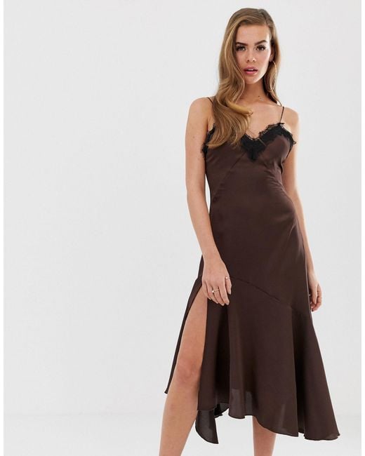 Boohoo Brown Lace Trim Satin Slip Dress