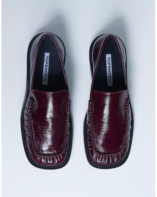 TOPSHOP Blue Premium Clover Real Leather Loafers With Ruched Detail