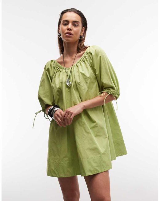 ASOS Green Scoop Neck Poplin Mini Dress With Tie Sleeves