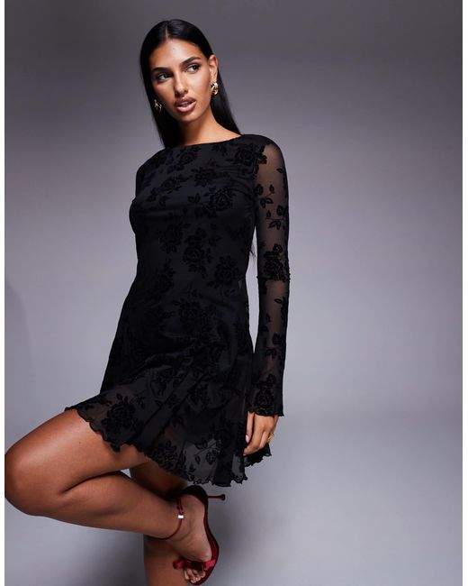 New Look Blue Devore Long Sleeve Mini Dress