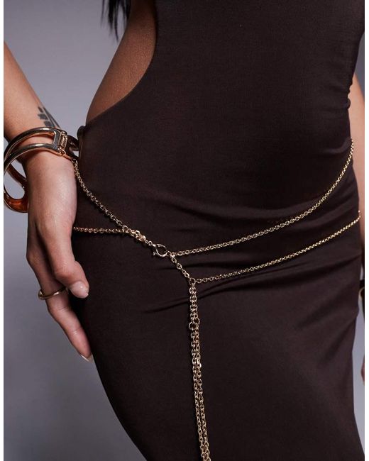 Tiger Mist Brown Suriya Cowl Halterneck Open Tie Back Chain Detail Maxi Dress