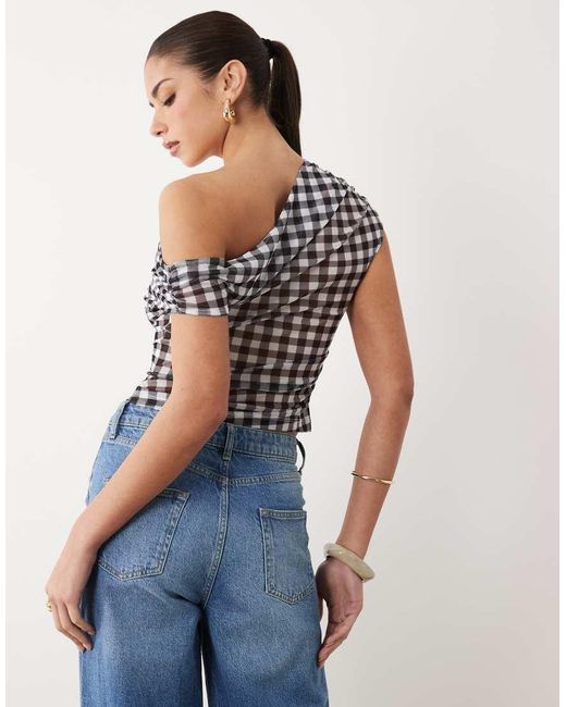 ASOS Gray Sheer Mesh Ruched Off Shoulder Asymmetric Top