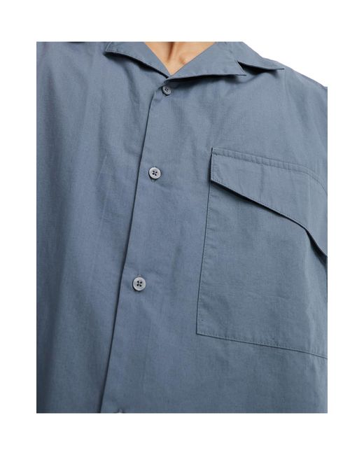 Collusion Blue Poplin Revere Short Sleeve Shirt for men