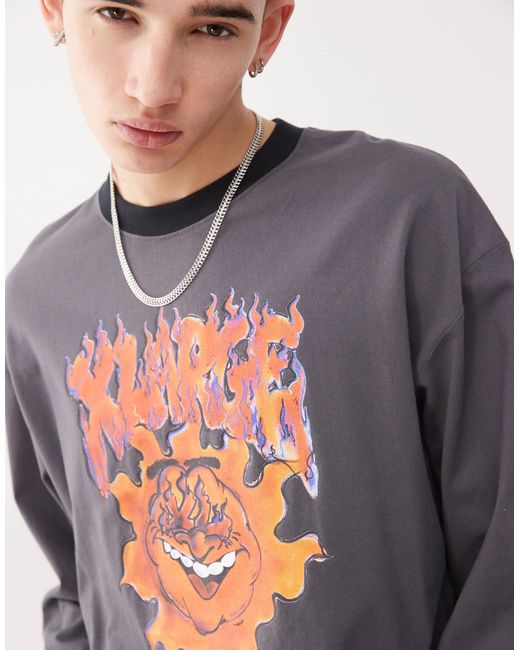 T-shirt à manches longues avec motif enflammé - anthracite Xlarge pour homme en coloris Blue