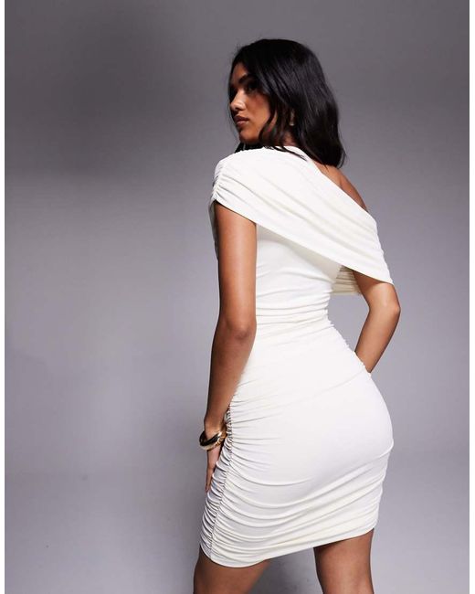Aria Cove White Slinky Asymmetric Shoulder Ruched Detail Bodycon Mini Dress