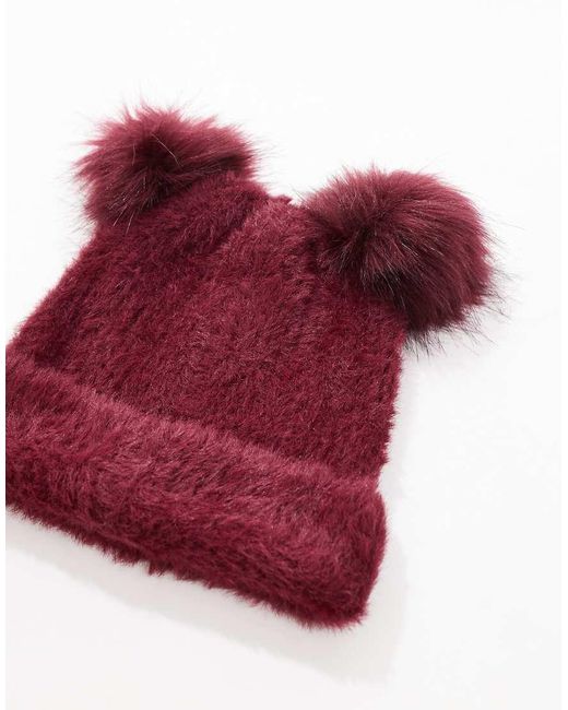 ASOS Beanie Van Dubbele Pompon Van Imitatiebont in het Red