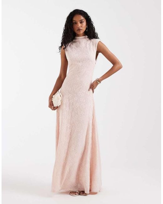 Pretty Lavish Pink Dropped Waist High Neck Textured Floral Maxi Dress