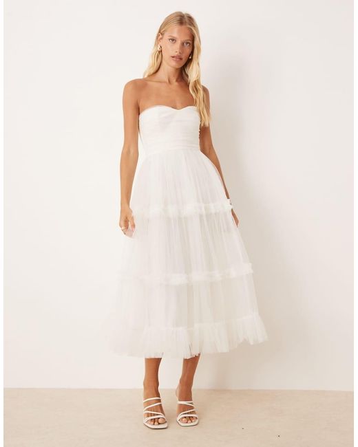 LACE & BEADS Natural Bandeau Ruffle Midaxi Dress
